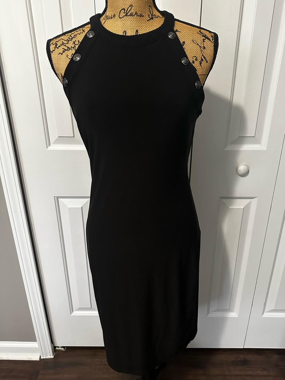 WHBM Black Fitted Dress with Button Detail